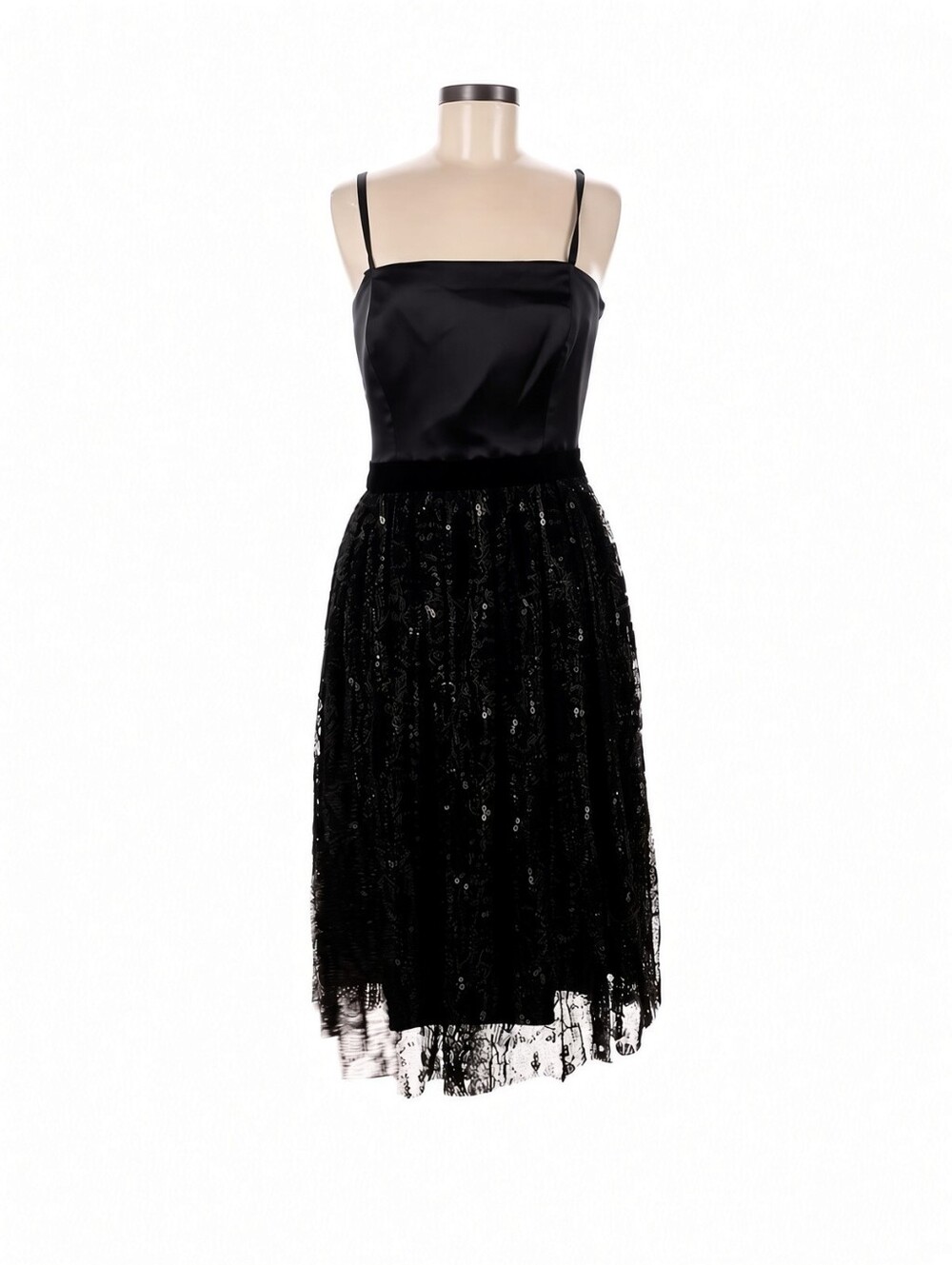 Tahari ASL Black Silk Sequin Tulle Midi Dress Size 6 Spaghetti Strap